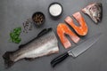 Fresh raw salmon cooking. Fish steak with herbs and spices Royalty Free Stock Photo