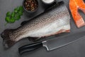 Fresh raw salmon cooking. Fish steak with herbs and spices Royalty Free Stock Photo