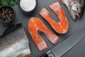 Fresh raw salmon cooking. Fish steak with herbs and spices Royalty Free Stock Photo