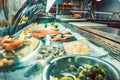 Fresh raw salmon fillet in the freezer of a modern restaurant