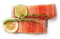 Fresh raw salmon fillet with lime, lemon, rosemary and thyme