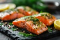 Fresh raw salmon fish fillet with cooking ingredients, herbs and lemon. Generative AI