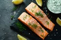 Fresh raw salmon fish fillet with cooking ingredients, herbs and lemon. Generative AI