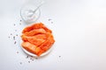 Fresh raw salmon fish fillet on a white plate, a small bowl of salt Royalty Free Stock Photo