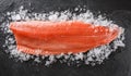 Fresh raw salmon fish steak with spices on ice over dark stone background. Royalty Free Stock Photo