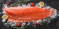 Fresh raw salmon fish steak with spices on ice over dark stone background. Creative layout made of fish, top view, flat lay Royalty Free Stock Photo