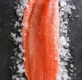 Fresh raw salmon fish steak with spices on ice over dark stone background. Creative layout made of fish, top view, flat lay Royalty Free Stock Photo