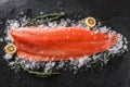 Fresh raw salmon fish steak with spices on ice over dark stone background. Creative layout made of fish, top view, flat lay Royalty Free Stock Photo