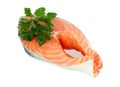 Fresh raw Salmon fish steak whith green scum on white background