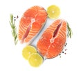Fresh raw salmon with lemon, pepper and rosemary on background, top view. Fish delicacy