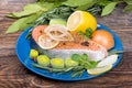Fresh raw salmon red fish steak with herbs and vegetables Royalty Free Stock Photo