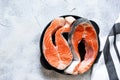 Fresh, raw salmon steak on a white background. View from above