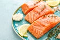 Fresh raw salmon or trout fillets with ingredients