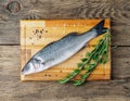 Fresh, raw, saltwater fish, sea bass on a wooden cutting board o Royalty Free Stock Photo