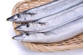 Fresh raw sardine capelin fish on bamboo tray in white background in asia