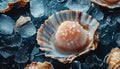 Fresh raw scallops in shell on ice cubes, closeup Royalty Free Stock Photo