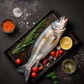 Fresh raw Sea bass fish with ingredients for making on a baking sheet. Top view. Generative AI