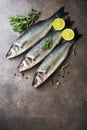 Fresh raw sea bass fish with rosemary and lime on a dark brown rustic background. Flat lay, top view, copy space Royalty Free Stock Photo