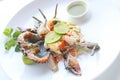 Fresh raw sea crab served with spicy Thai style seafood sauce.
