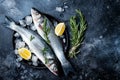 Fresh raw seabass fish on black stone background with spices, herbs, lemon and salt. Culinary seafood background with ingredients