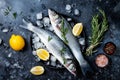 Fresh raw seabass fish on black stone background with spices, herbs, lemon and salt. Culinary seafood background with ingredients Royalty Free Stock Photo