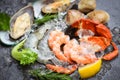 Fresh raw seafood buffet with lemon rosemary ingredients herb and spices - Seafood shellfish on ice frozen with shrimps prawns Royalty Free Stock Photo