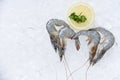 Fresh raw shrimps prawns and lemon ice background in the seafood supermarket Royalty Free Stock Photo