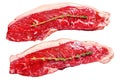 Fresh raw sirloin steak Isolated on white background. Top view. Royalty Free Stock Photo