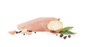 Fresh raw skinless boneless chicken ham meat isolated on white background