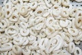 fresh raw sliced squid rings on supermarket counter Royalty Free Stock Photo