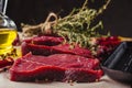 Fresh raw slices meat beef steaks and frying pan, close up Royalty Free Stock Photo