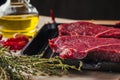 Fresh raw slices meat beef steaks and frying pan, close up Royalty Free Stock Photo