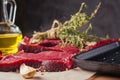 Fresh raw slices meat beef steaks and frying pan, close up Royalty Free Stock Photo