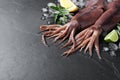 Fresh raw squids with ice, citrus fruits and arugula on black table. Space for text Royalty Free Stock Photo