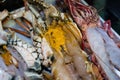 Fresh raw tiger prawn and spiny lobster cut in half on tray Royalty Free Stock Photo