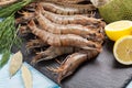 Fresh raw tiger prawns and fishing equipment