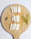 Fresh raw tofu isolated on bright background. Top view. Royalty Free Stock Photo