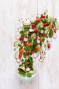 Fresh raw tomatoes, cucumbers, baby spinach and seasonal greens. Top view, close-up on white wooden background Royalty Free Stock Photo