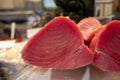 Fresh raw tuna fish fillet used for steaks for sale on fish market Royalty Free Stock Photo