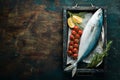 Fresh raw tuna fish with spices on a dark background. Royalty Free Stock Photo