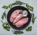 Fresh raw turkey fillet with butter and herbs titration tests on old cast iron pans Frame rustic wooden background top view