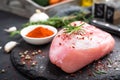 Fresh raw turkey meat fillet with ingredients for cooking on board Royalty Free Stock Photo