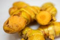 fresh raw turmeric close-up studio shot on blurred white background Royalty Free Stock Photo