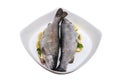 Fresh, raw two trout lying on a plate, stuffed with butter, parsley and lemon slices, isolated on a white background with a clippi Royalty Free Stock Photo