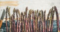 Fresh Raw uncooked purple asparagus over rustic wooden background