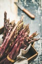 Fresh raw uncooked purple asparagus, selective focus