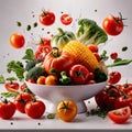 Fresh raw vegetables and fruits, dynamic bursting flying creative layout