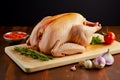 Fresh raw whole chicken on wooden background Royalty Free Stock Photo