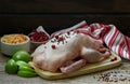 Fresh raw whole duck ready for cooking with apples, cranberries and cabbage Royalty Free Stock Photo