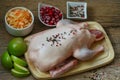 Fresh raw whole duck ready for cooking with apples, cranberries Royalty Free Stock Photo